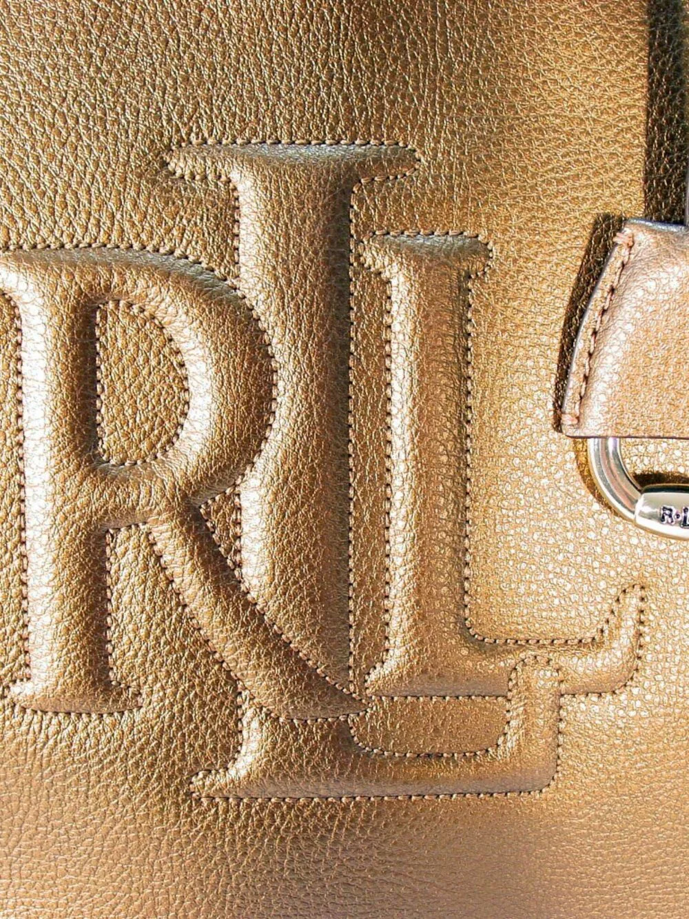 RLL Lauren Ralph Lauren Large Metallic Bronze Gold Leather Zip Tote Bag - Picture 10 of 11